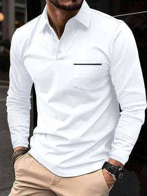 White long-sleeve polo shirt with chest pocket detail and black trim