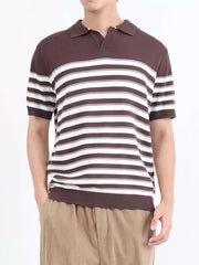 Brown and white striped knit polo shirt with short sleeves and a collar.