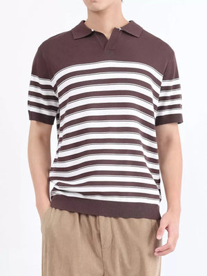Brown and white striped knit polo shirt with short sleeves and a collar.