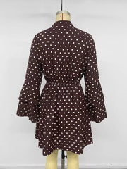Polka Dot Flare Sleeve Tie Neck Dress in Coffee Brown, fit detail