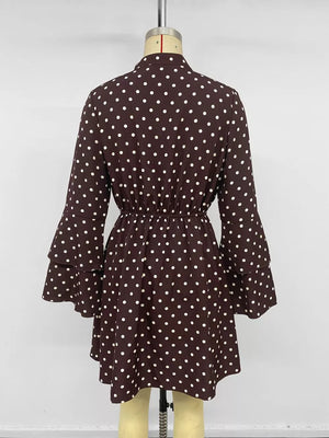 Polka Dot Flare Sleeve Tie Neck Dress in Coffee Brown, fit detail