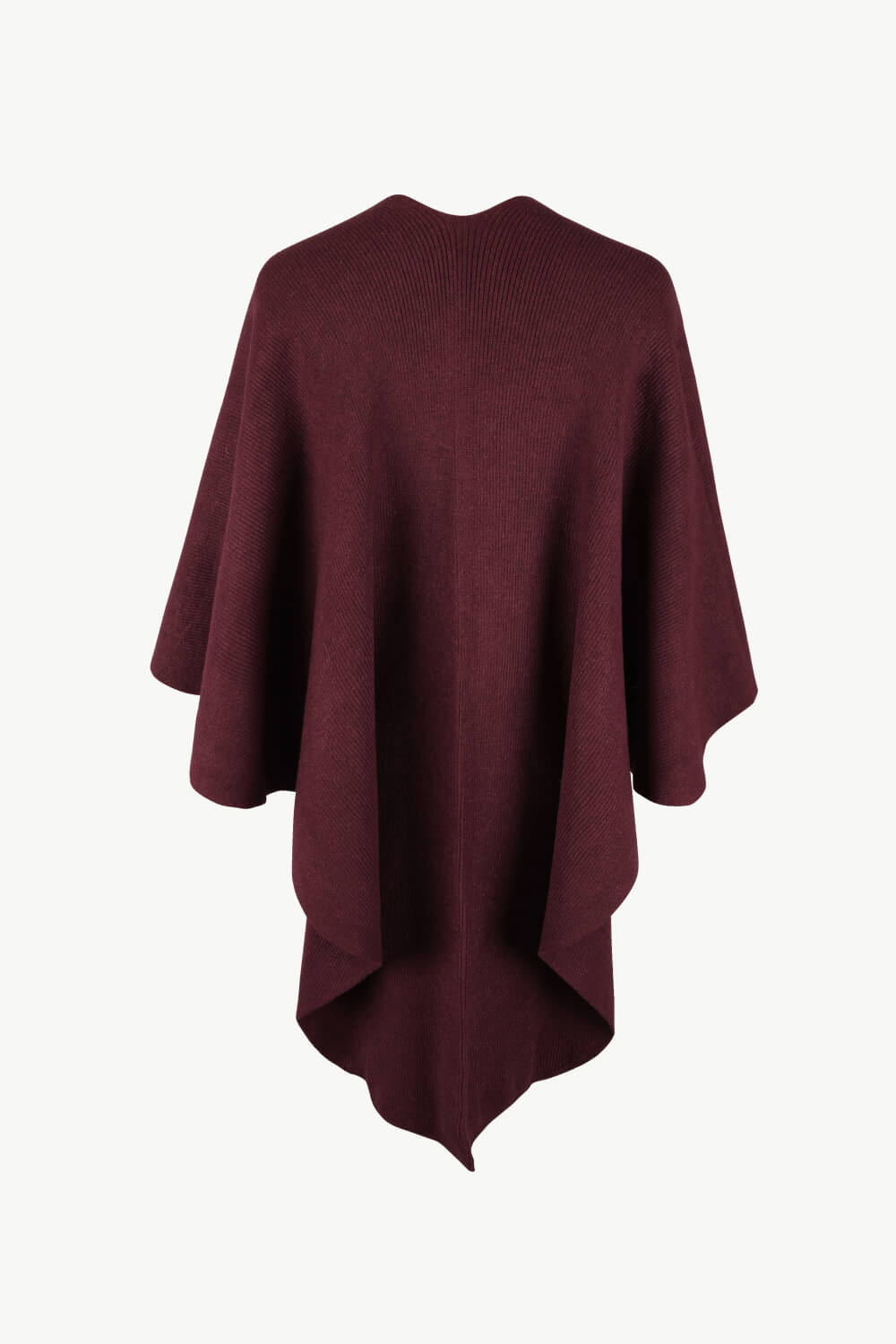Wine knit cape with draped silhouette and pointed hem