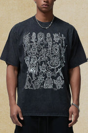 Black vintage wash t-shirt with religious icon graphic print and distressed details.