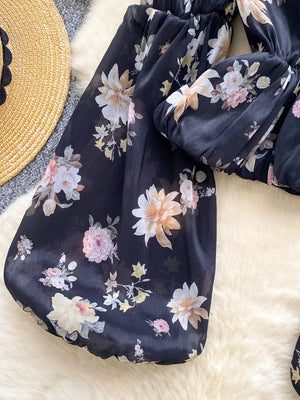 Black chiffon blouse with floral print and balloon sleeves