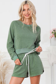Lounge Luxe Raglan Short Set in Gum Leaf, terry cloth loungewear set with drawstring shorts and crewneck sweatshirt.