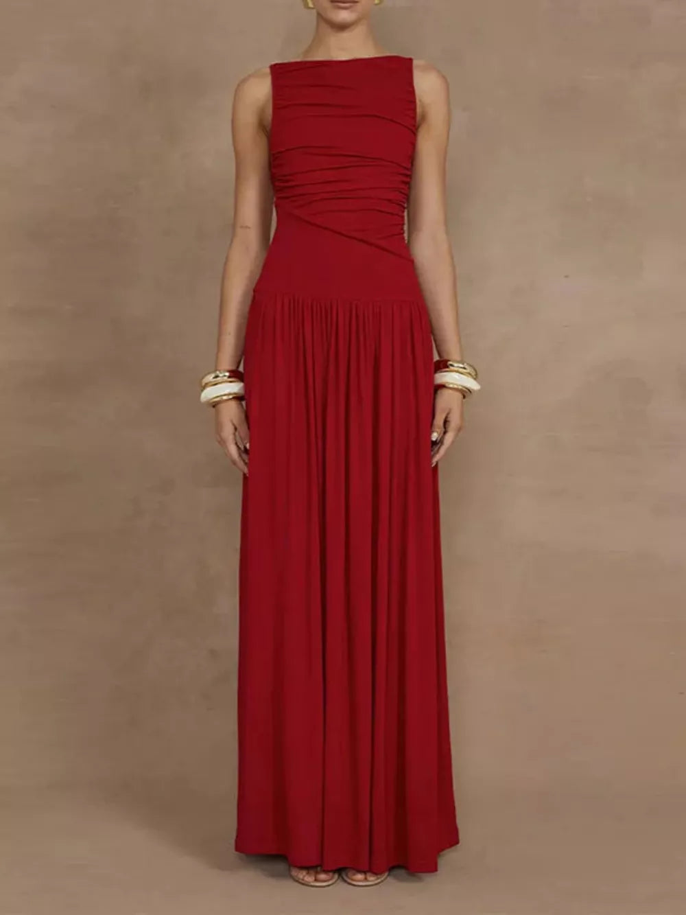 Deep Red ruched maxi dress with gathered neckline and flowing skirt.