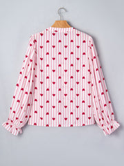 Maternity blouse with pink stripes and red hearts, flounce sleeves, button front.