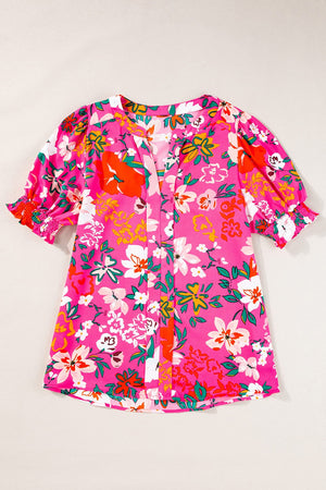 Hot Pink floral print gathered sleeve tunic with V-neck and button detail