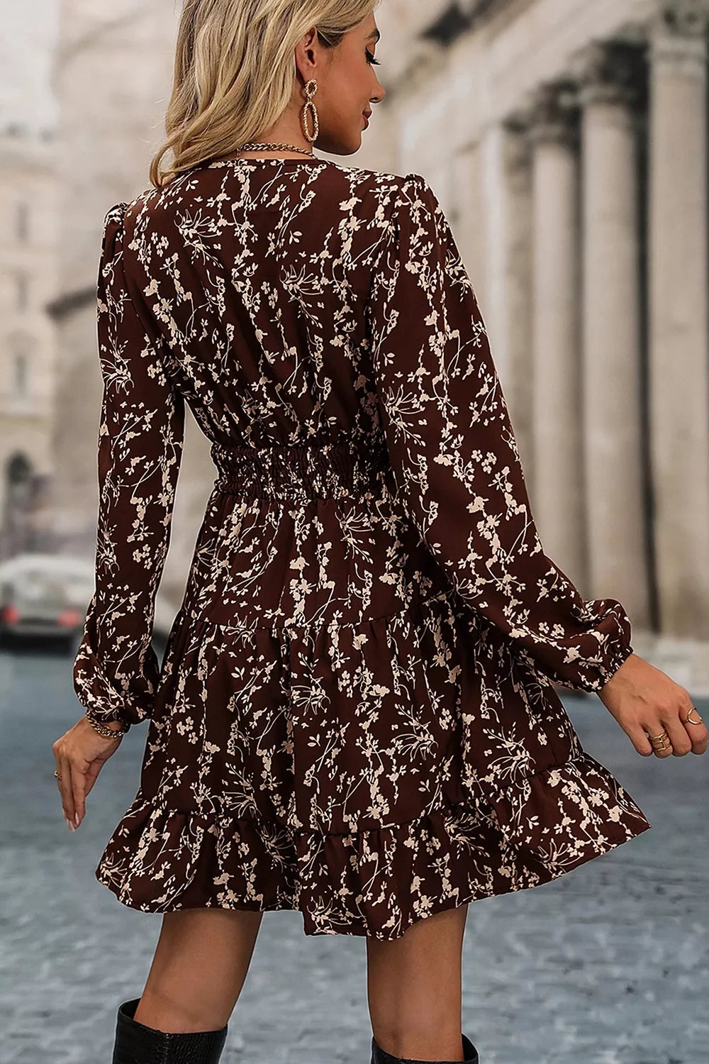 Ditsy Floral Print Split Neck Mini Dress in Coffee Brown, close-up detail
