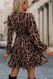 Ditsy Floral Print Split Neck Mini Dress in Coffee Brown, close-up detail