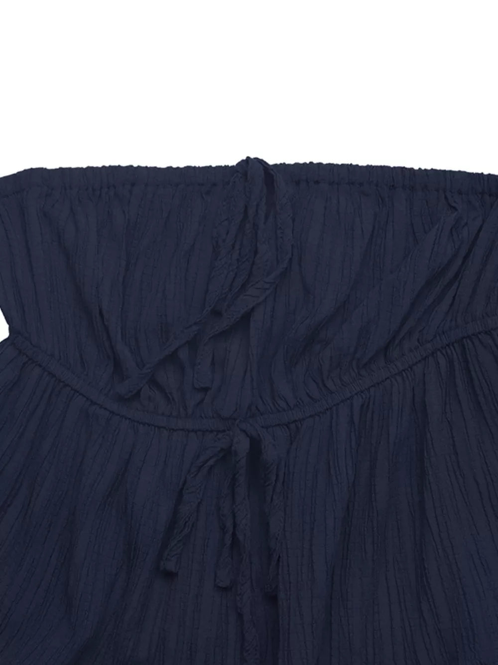 Navy ruffled peplum tube top and wide-leg pants set with drawstring detail