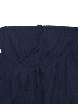 Navy ruffled peplum tube top and wide-leg pants set with drawstring detail