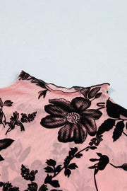 Floral Print Mesh Long Sleeve Blouse in Dusty Pink, alternate angle