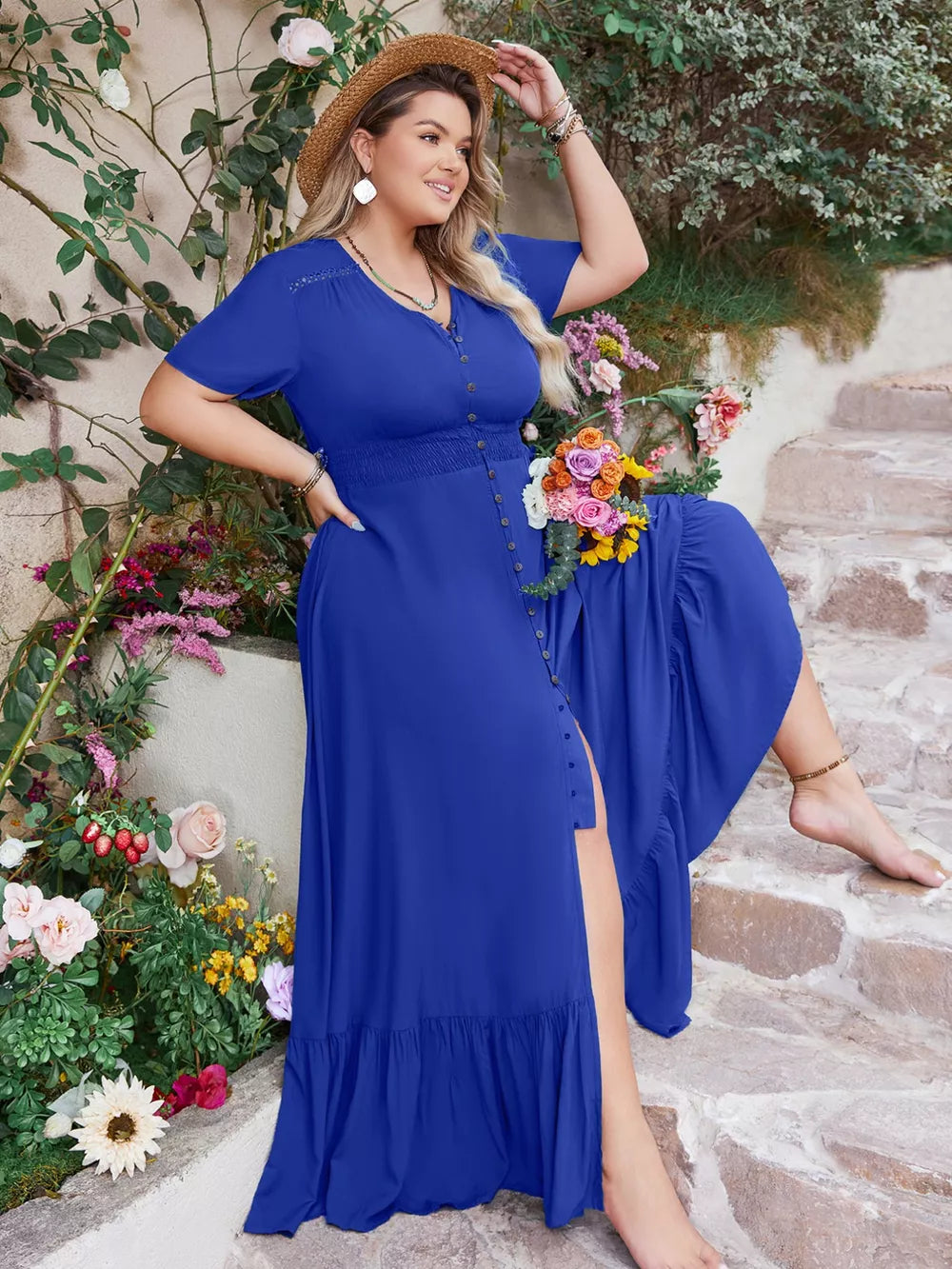 Blue V-neck maxi dress with short sleeves, button front, smocked waist, and ruffled hem.