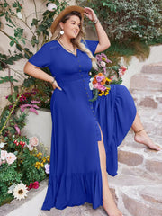 Blue V-neck maxi dress with short sleeves, button front, smocked waist, and ruffled hem.