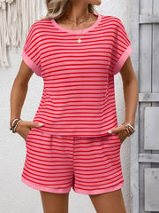 Relaxed striped loungewear set in strawberry pink with pockets.