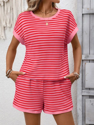 Relaxed striped loungewear set in strawberry pink with pockets.