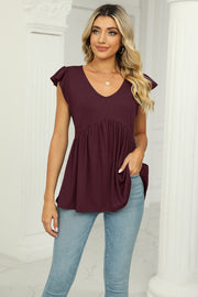 Wine ribbed flutter sleeve empire waist blouse with V-neck