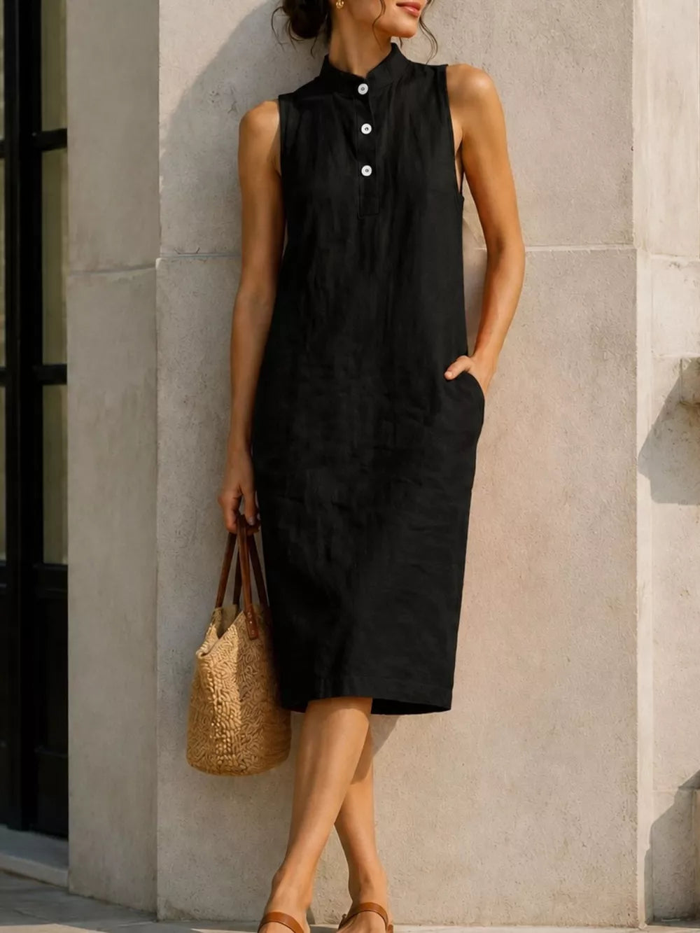 Button Detail Sleeveless Midi Dress in Lotus Color, model styling view