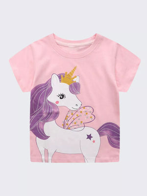 Pink cotton t-shirt with a magical unicorn graphic, crown, and wings.
