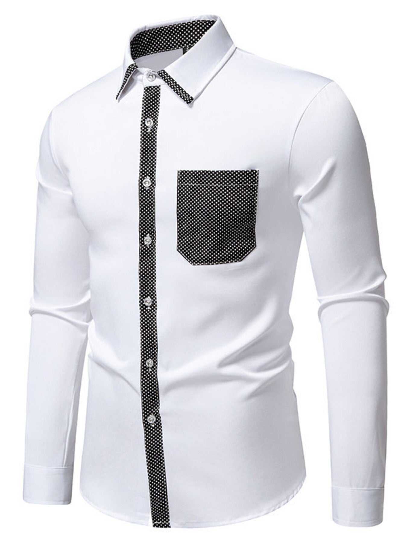 White cotton button-down shirt with black polka-dot trim on collar, placket, and pocket.