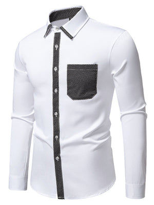 White cotton button-down shirt with black polka-dot trim on collar, placket, and pocket.