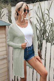 Light gray button-down maxi cardigan with long sleeves and a relaxed fit.