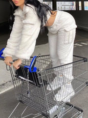 Cozy Plush Crop Top And Cargo Pants Set in White, side view