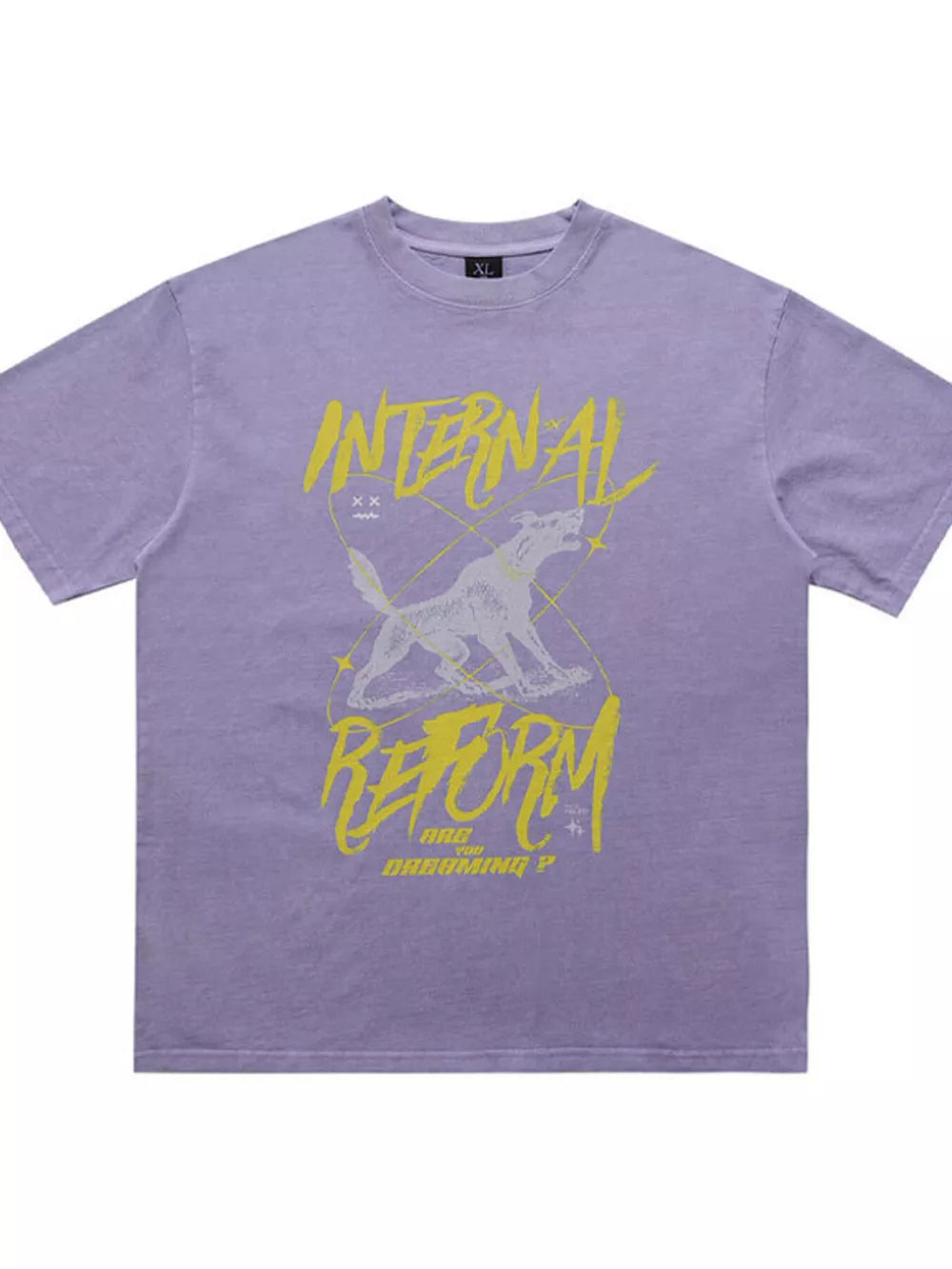 Men's light purple cotton t-shirt with a howling wolf graphic and "INTERNAL REFORM" text.