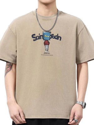 Khaki cotton graphic print relaxed fit men's t-shirt with a book-headed character design.