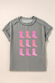 Dark gray striped t-shirt with a print of pink cowboy boots.