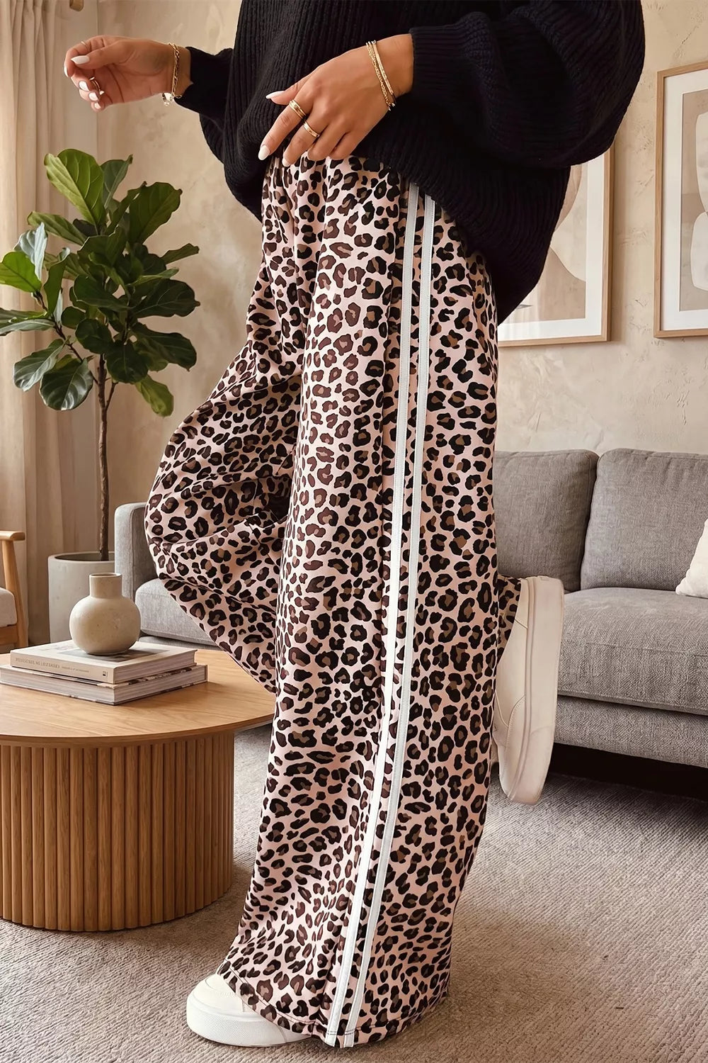 Leopard Print Side Striped Wide Leg Pants, side view