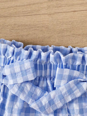Blue gingham ruffle cami and shorts set with bow detail.