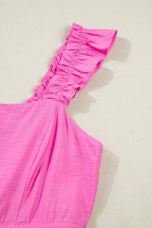 Pink ruffled sleeveless maxi dress with smocked waist detail