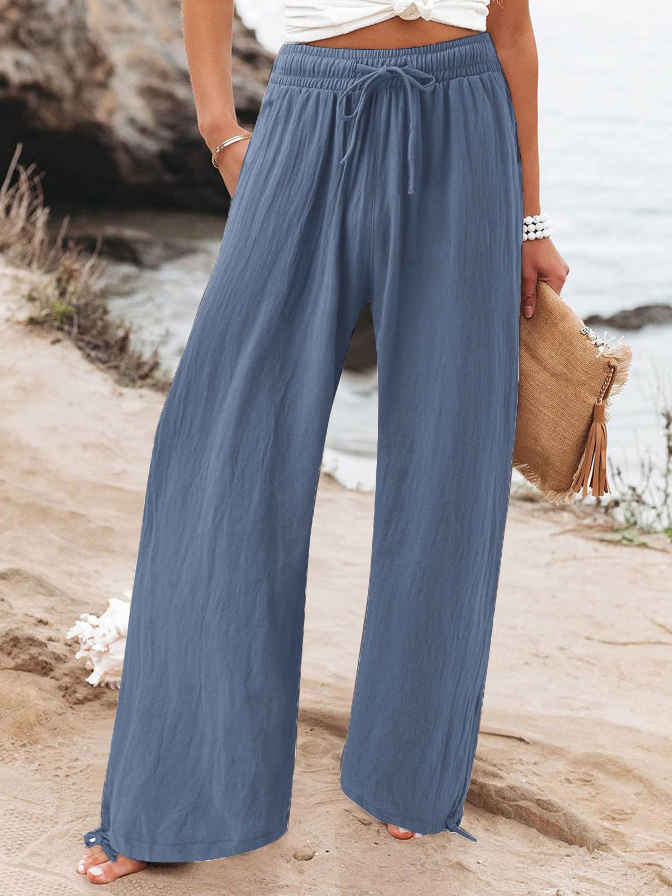 Full Size Drawstring Wide Leg Pants Plus Size in Fuchsia, fabric detail
