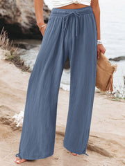 Full Size Drawstring Wide Leg Pants Plus Size in Fuchsia, fabric detail