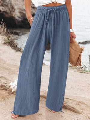 Full Size Drawstring Wide Leg Pants Plus Size in Fuchsia, fabric detail