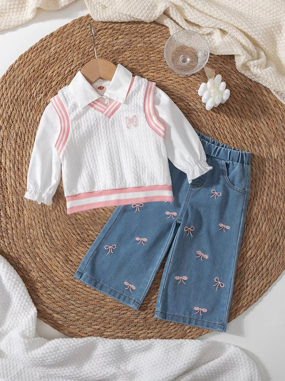 Children's Long Sleeve Shirt & Knit Vest And Jeans Set in White, front view