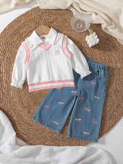 Children's Long Sleeve Shirt & Knit Vest And Jeans Set in White, front view