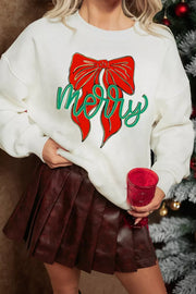 White crew neck sweatshirt with red bow and green "merry" graphic.