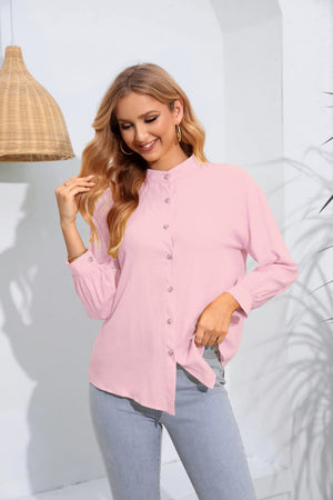 Pink mandarin collar blouse with gathered sleeves and button front