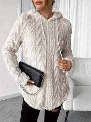 Textured drawstring fleece hoodie in gray/white with cable knit pattern and a relaxed fit.