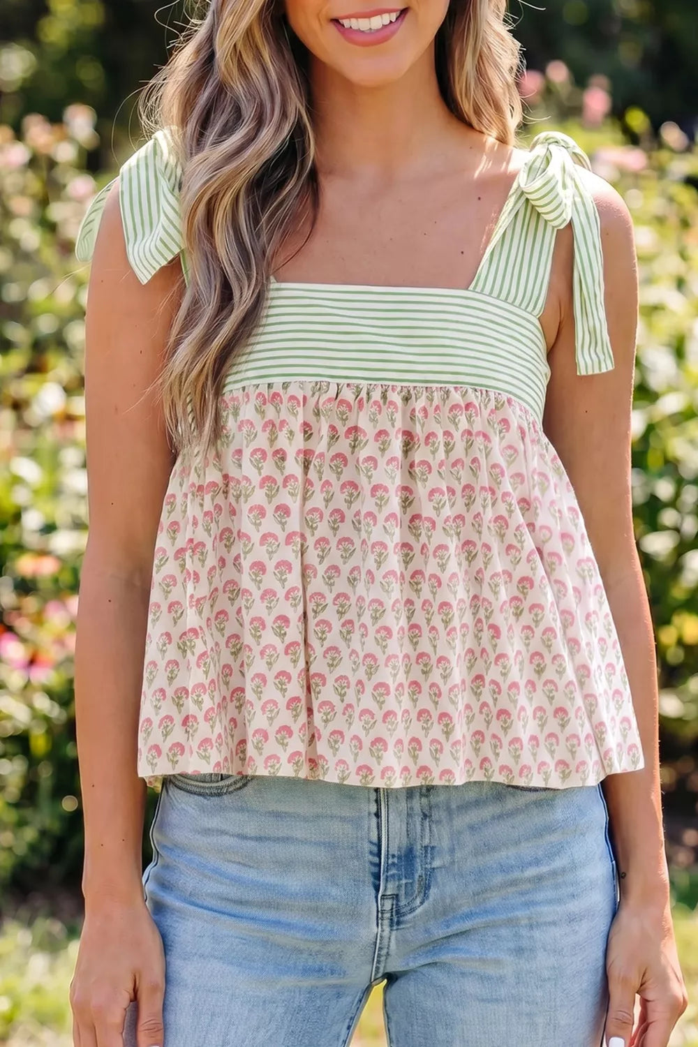 Playful floral peplum cami with tie-straps, square neck, green striped top, pink floral print bottom