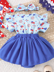 Baby patriotic ruffle sleeve one-piece set in sky blue with fireworks and flag print, blue skirt
