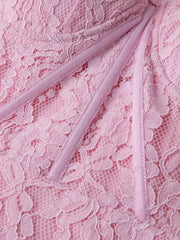 Pink lace midi dress with sheer sleeves and ribbon detail