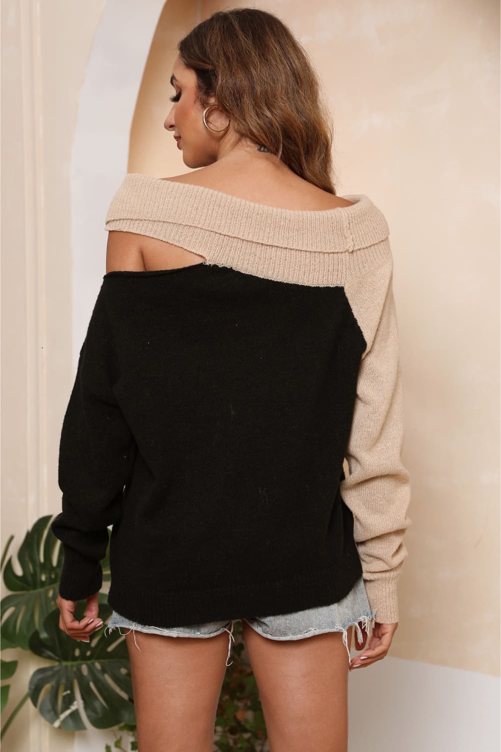 Black and beige acrylic asymmetric shoulder sweater with boat neck