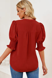 Deep Red puff sleeve v-neck blouse with smocking detail on cuffs