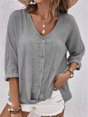 Full Size Casual V-neck Button-down Blouse in Blue, fabric detail
