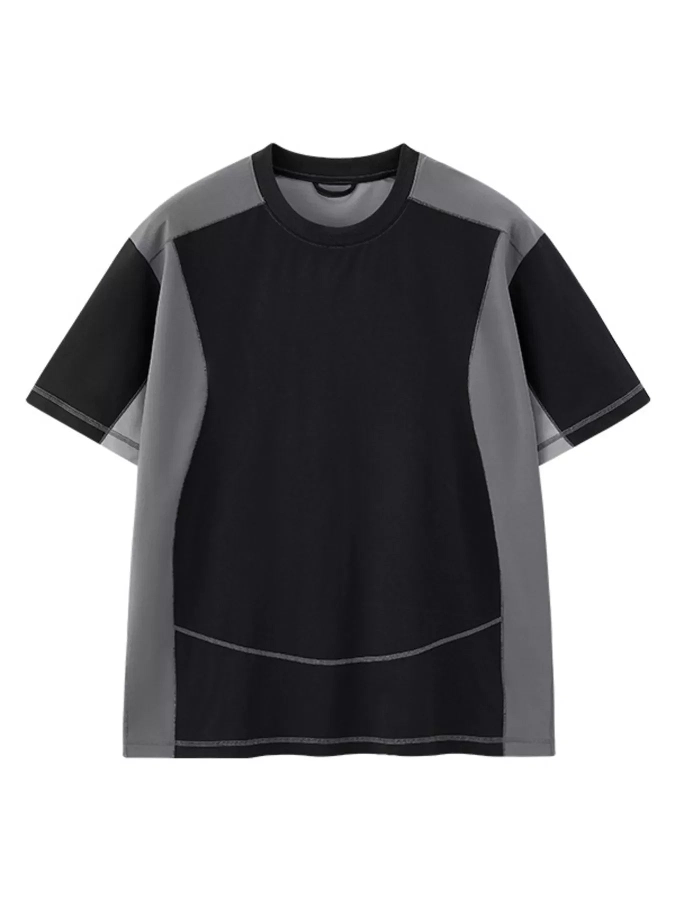 Black and grey t-shirt with contrast stitching and a relaxed fit.