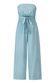Light blue bandeau tie-waist wide-leg jumpsuit with cutout detail